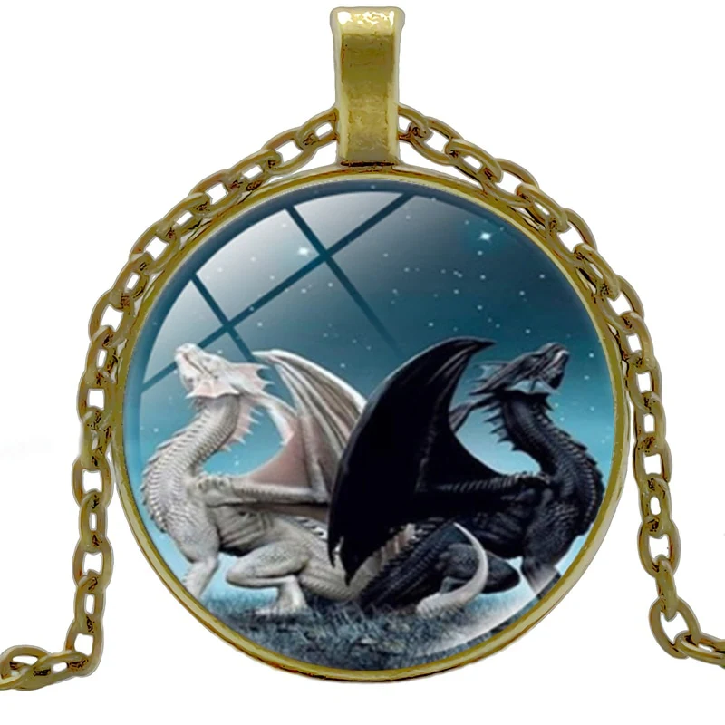 Black Dragon White Dragon Yin Yang Necklace Glass Convex Round Pendant Necklace - Image 3