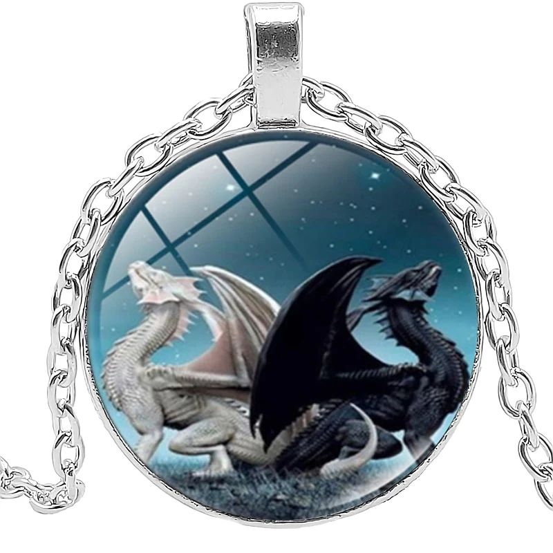 Black Dragon White Dragon Yin Yang Necklace Glass Convex Round Pendant Necklace - Image 4