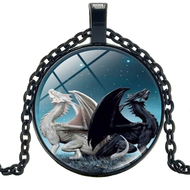 Black Dragon White Dragon Yin Yang Necklace Glass Convex Round Pendant Necklace - Image 5