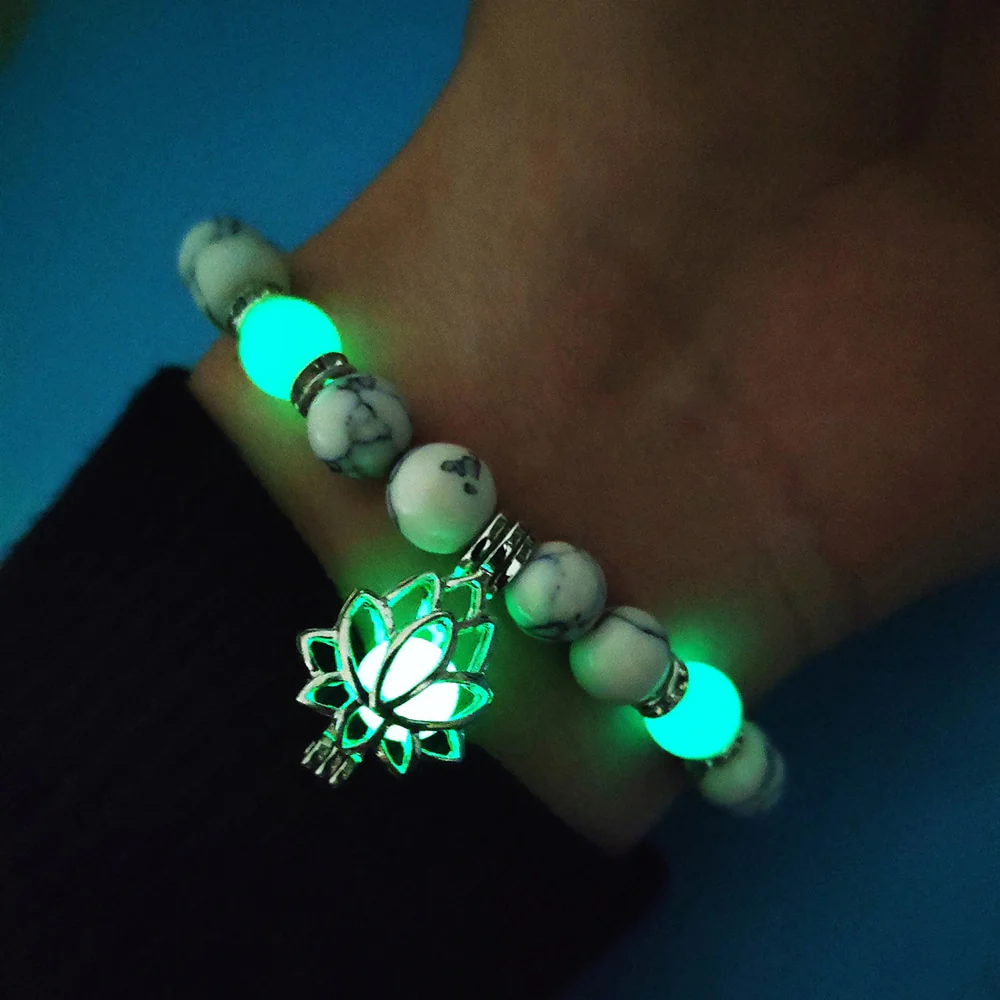 Natural Stones Luminous Glowing In The Dark Lotus Flower Shaped Charm Bracelet Different Colors Jewelry - Image 3