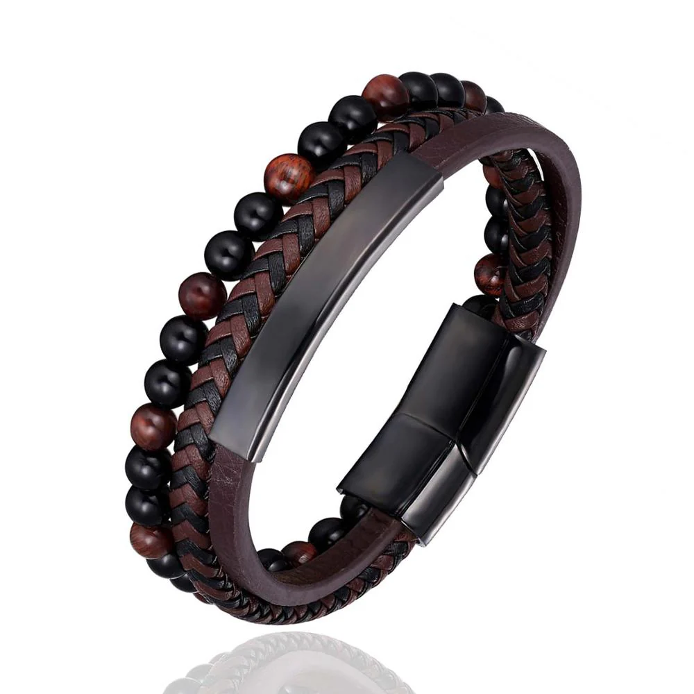 Stainless Steel Stone Beads Bracelet Tiger Stone Bangle Bracelet Stainless Steel Punk Leather Jewelry - Image 11