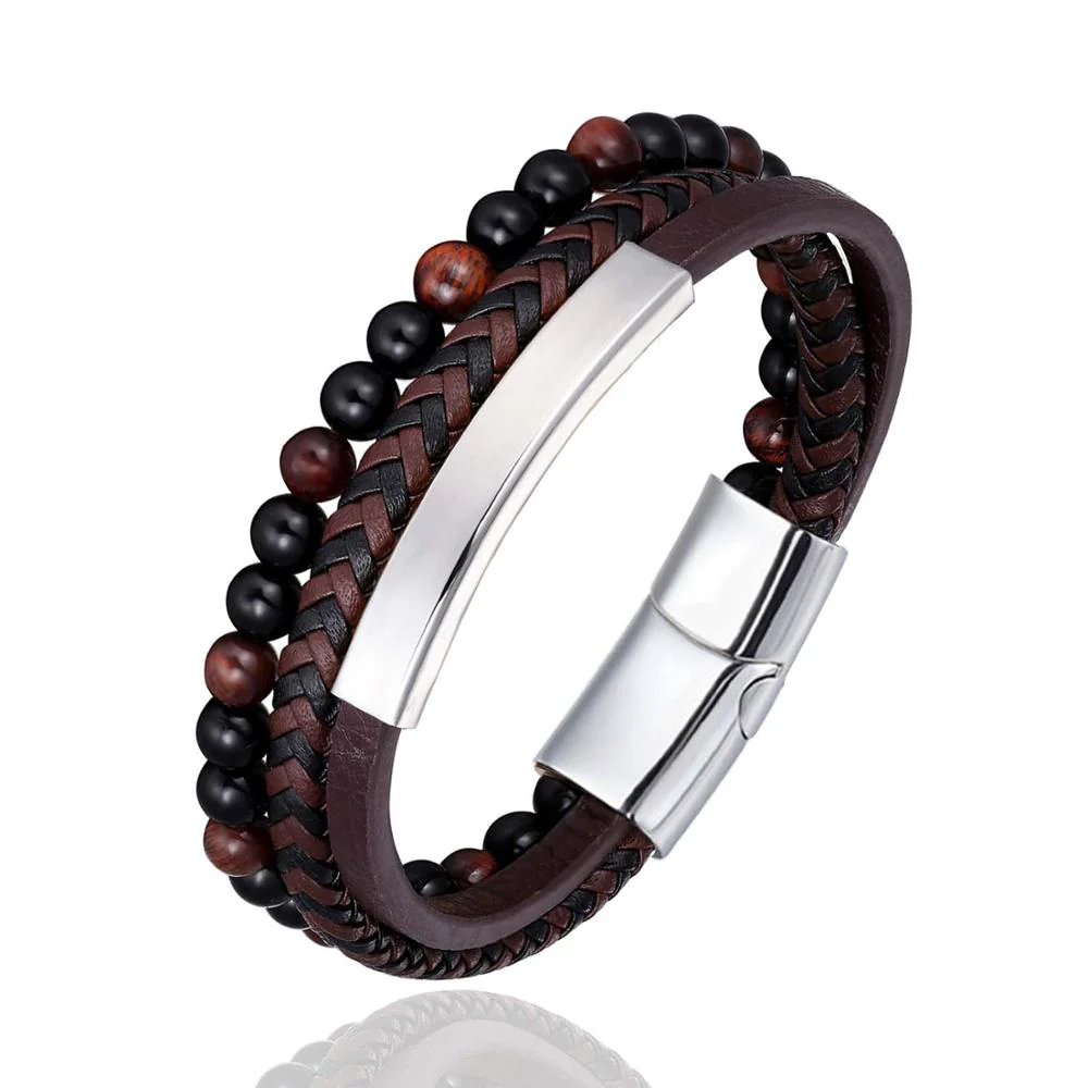 Stainless Steel Stone Beads Bracelet Tiger Stone Bangle Bracelet Stainless Steel Punk Leather Jewelry - Image 5