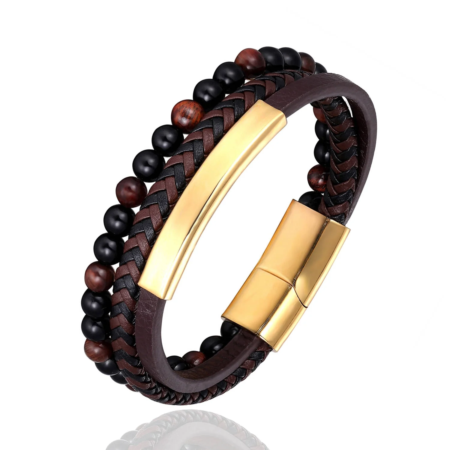 Stainless Steel Stone Beads Bracelet Tiger Stone Bangle Bracelet Stainless Steel Punk Leather Jewelry - Image 8